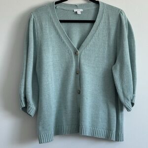 J Jill Puff Sleeve Cardigan Sweater Women Mint Green‎ Beach Comfort Sz L